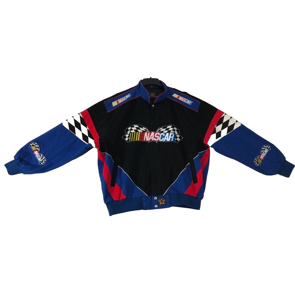 JH‎ Design NASCAR Jacket Men's 2XL XXL Black Blue Red Flag Logo Racing Coat